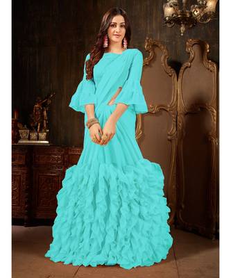 blue Plain Georgette saree with blouse 1