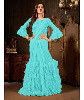 blue Plain Georgette saree with blouse 2
