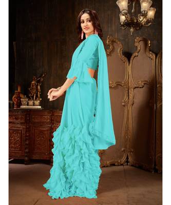 blue Plain Georgette saree with blouse 3
