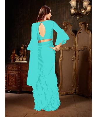 blue Plain Georgette saree with blouse 4