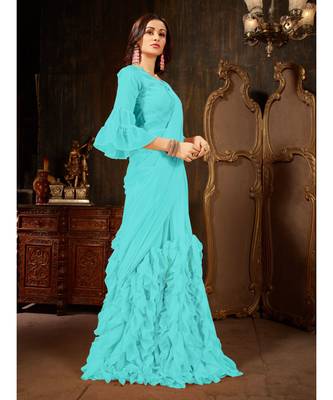 blue Plain Georgette saree with blouse 5