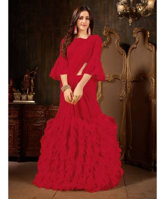 Red Plain Georgette saree with blouse 1