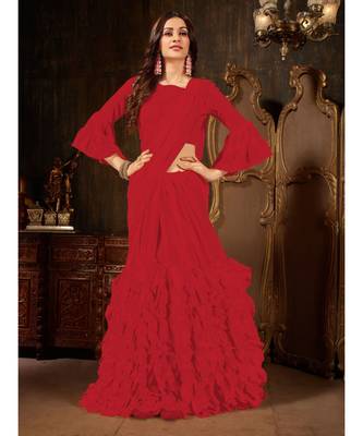 Red Plain Georgette saree with blouse 2