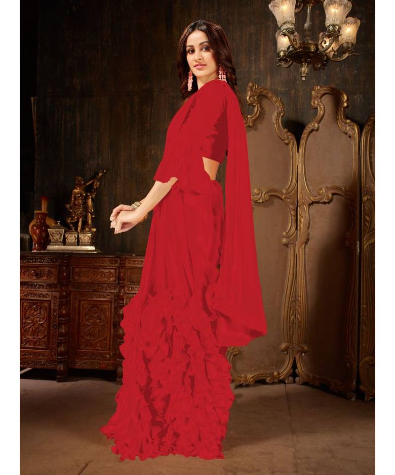 Red Plain Georgette saree with blouse
