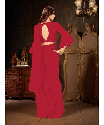 Red Plain Georgette saree with blouse 4