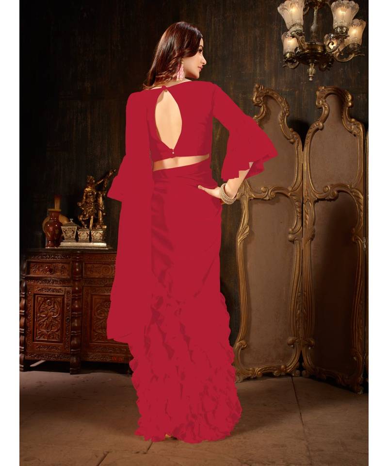 Red Plain Georgette saree with blouse