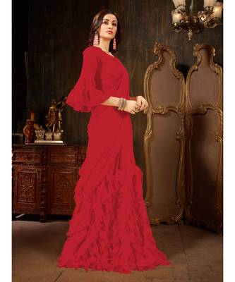 Red Plain Georgette saree with blouse 5