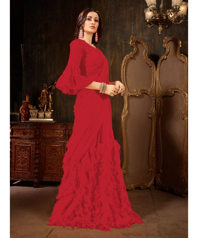 Red Plain Georgette saree with blouse