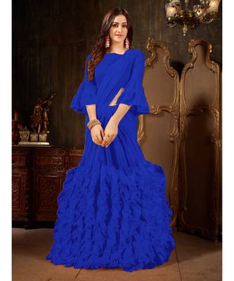 Blue Plain Georgette saree with blouse 1