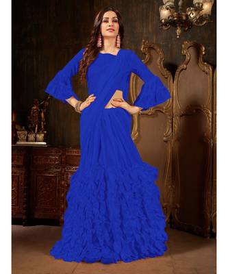 Blue Plain Georgette saree with blouse 2