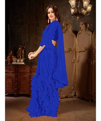 Blue Plain Georgette saree with blouse 3