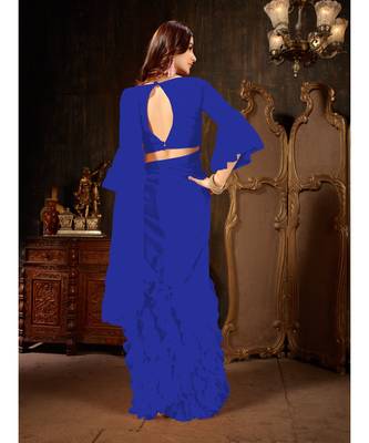 Blue Plain Georgette saree with blouse 4