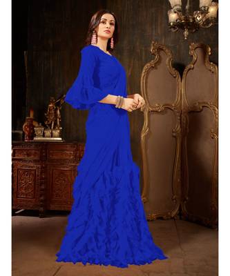 Blue Plain Georgette saree with blouse 5
