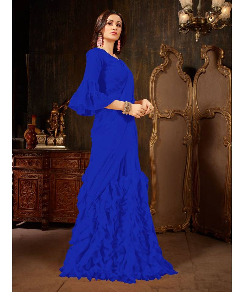Blue Plain Georgette saree with blouse