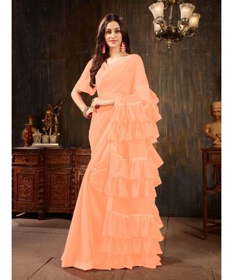 Peach Plain Georgette saree with blouse 1