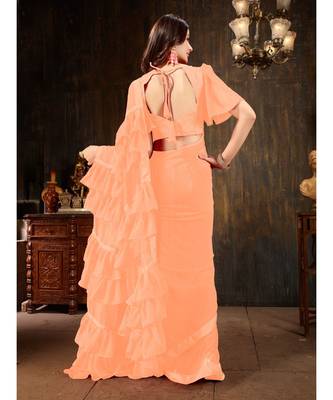 Peach Plain Georgette saree with blouse 3