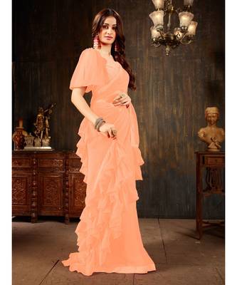 Peach Plain Georgette saree with blouse 4