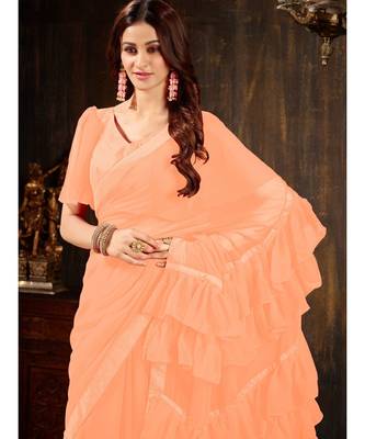 Peach Plain Georgette saree with blouse 5