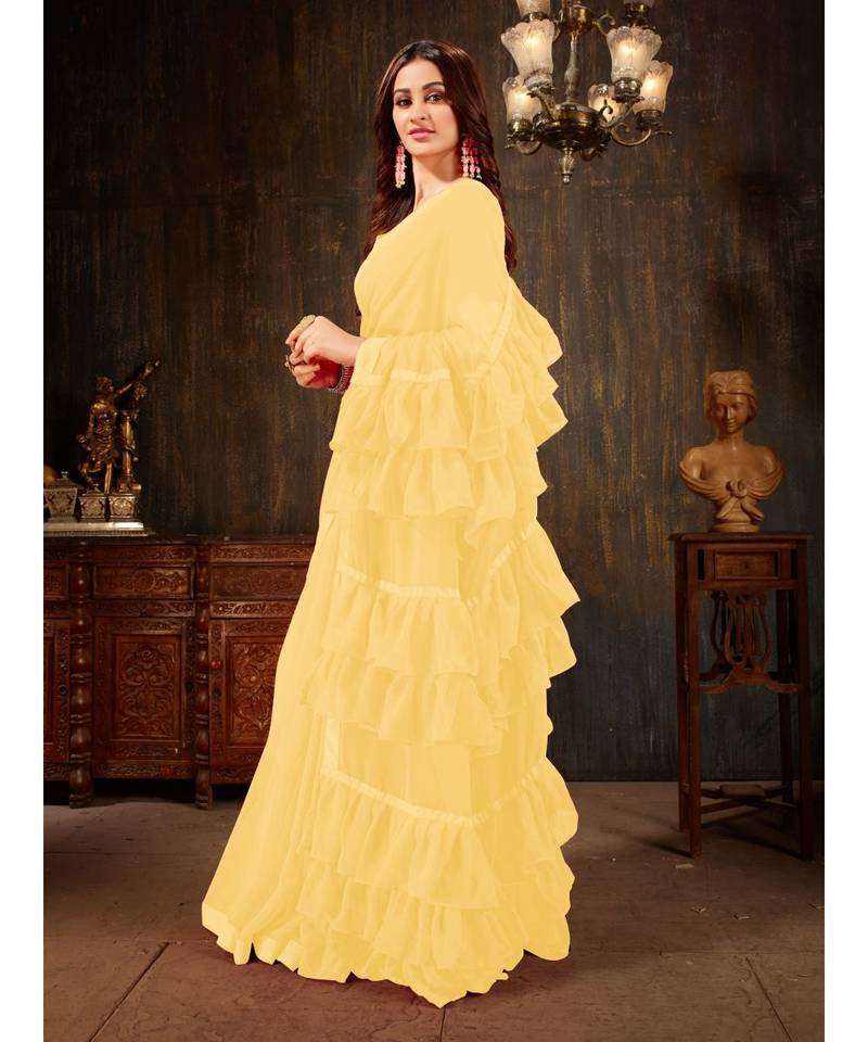 Yellow Plain Georgette saree with blouse