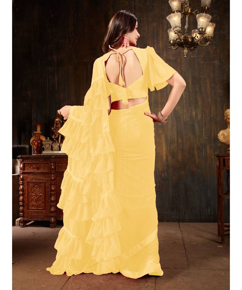 Yellow Plain Georgette saree with blouse