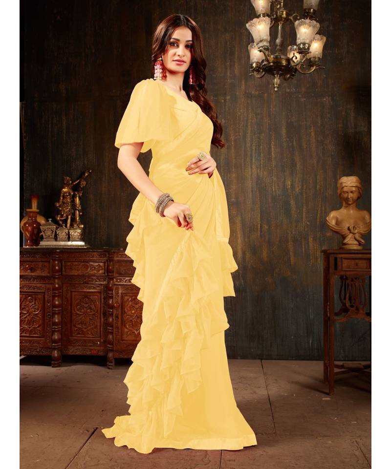 Yellow Plain Georgette saree with blouse