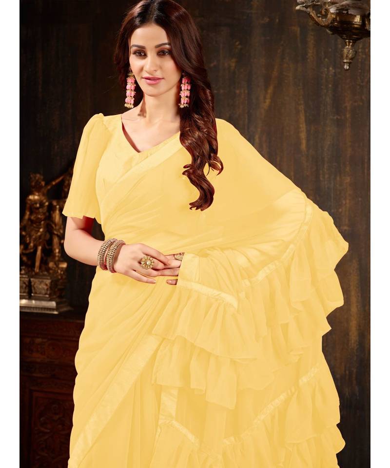 Yellow Plain Georgette saree with blouse