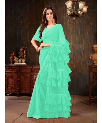 Turquoise Plain Georgette saree with blouse 1