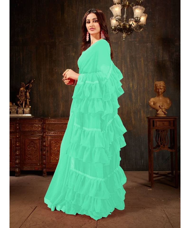 Turquoise Plain Georgette saree with blouse