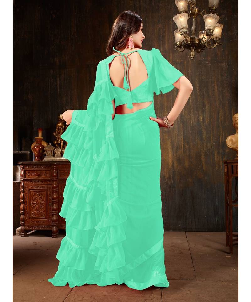 Turquoise Plain Georgette saree with blouse