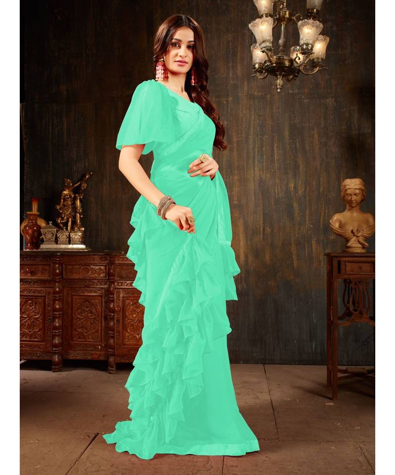 Turquoise Plain Georgette saree with blouse