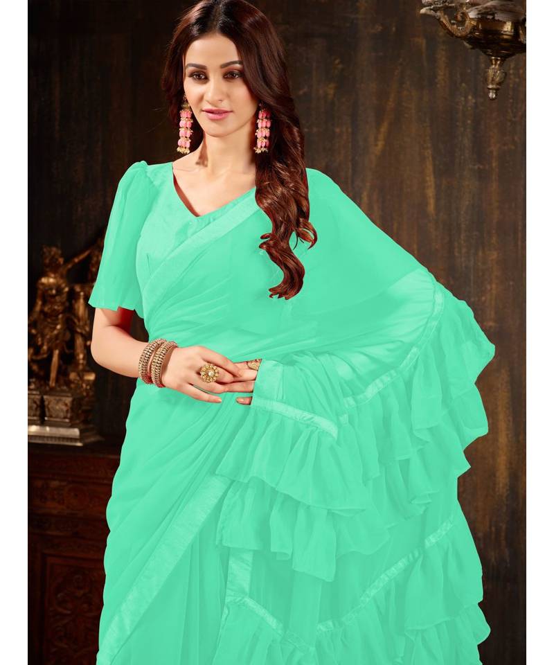 Turquoise Plain Georgette saree with blouse