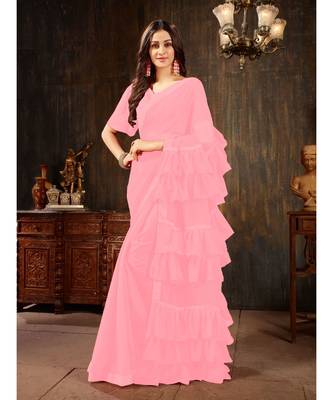 Pink Plain Georgette saree with blouse 1