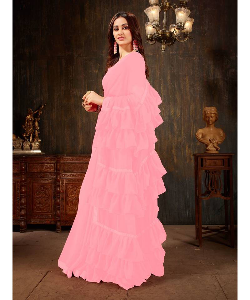 Pink Plain Georgette saree with blouse