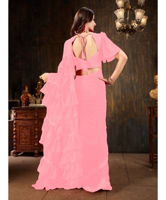 Pink Plain Georgette saree with blouse 3
