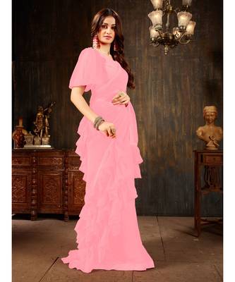 Pink Plain Georgette saree with blouse 4