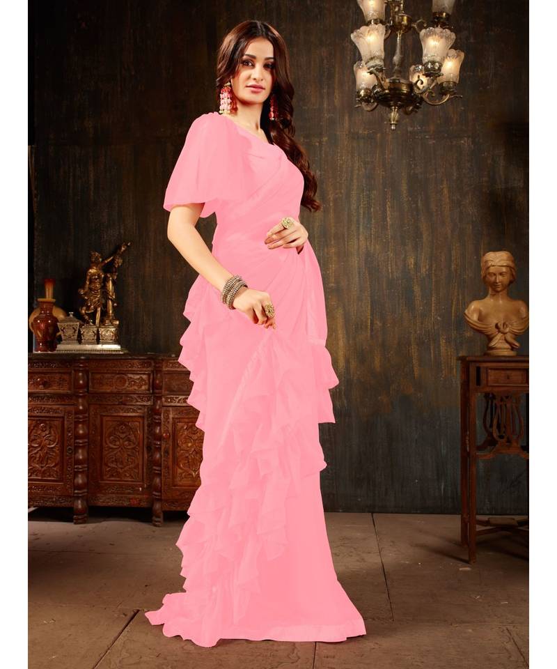 Pink Plain Georgette saree with blouse