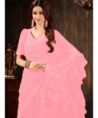 Pink Plain Georgette saree with blouse 5