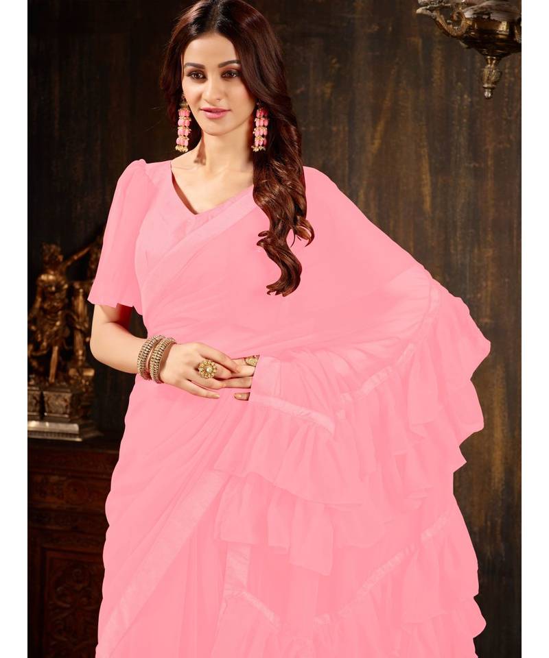 Pink Plain Georgette saree with blouse