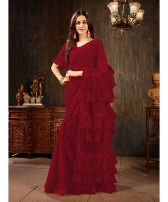 Maroon Plain Georgette saree with blouse 1