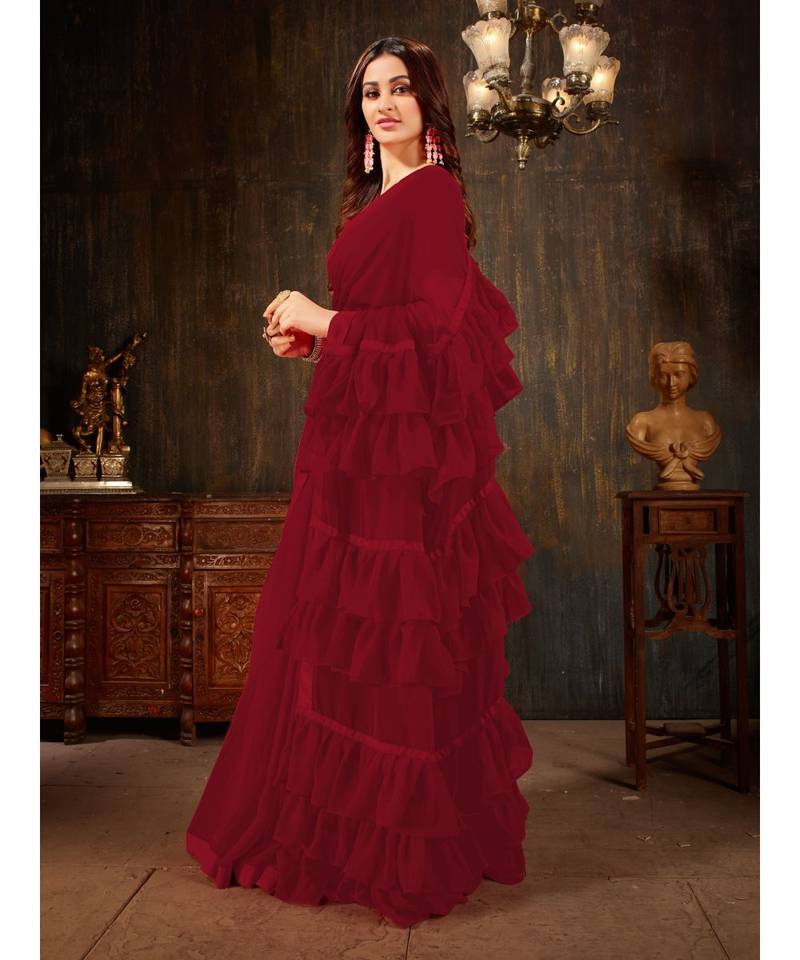 Maroon Plain Georgette saree with blouse