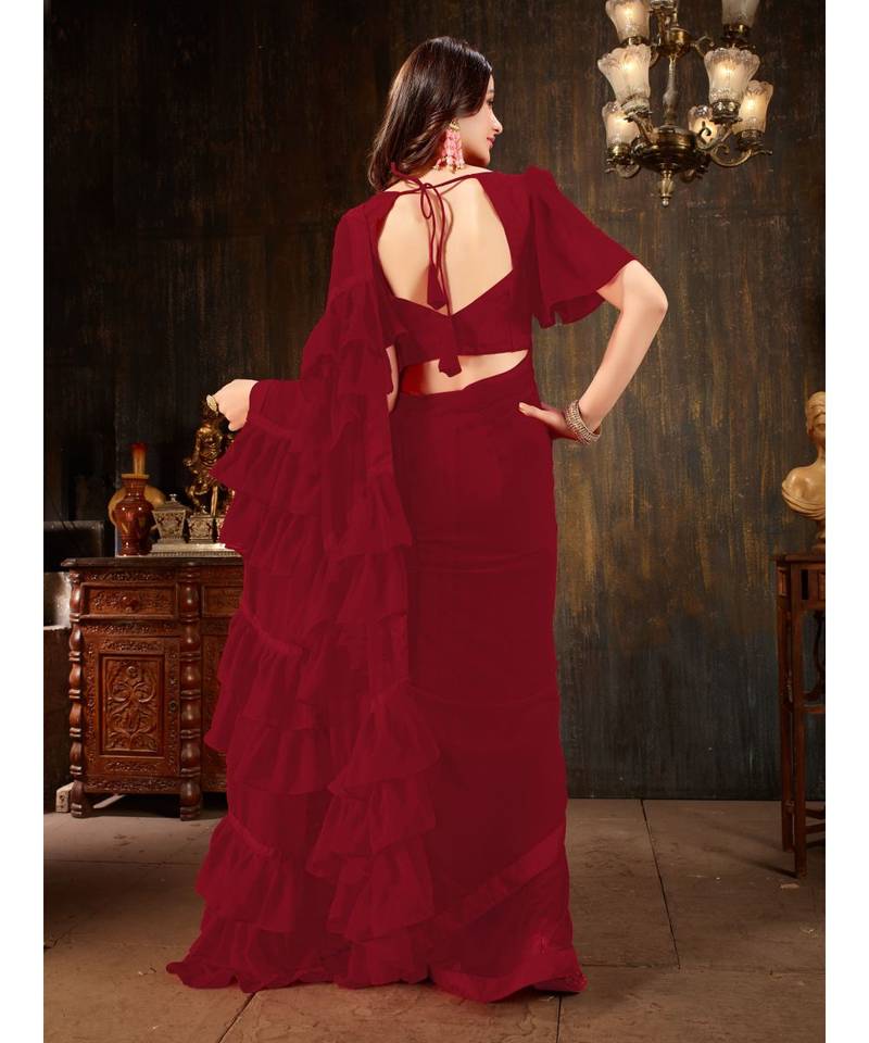 Maroon Plain Georgette saree with blouse