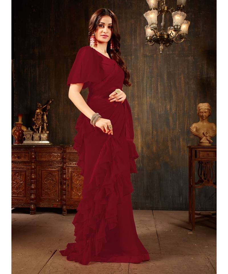 Maroon Plain Georgette saree with blouse