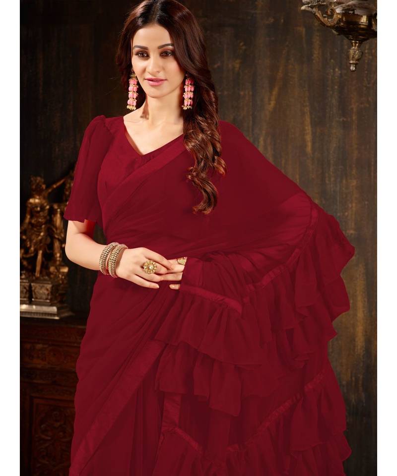 Maroon Plain Georgette saree with blouse