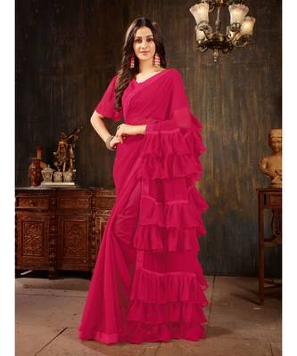 Magenta Plain Georgette saree with blouse 1