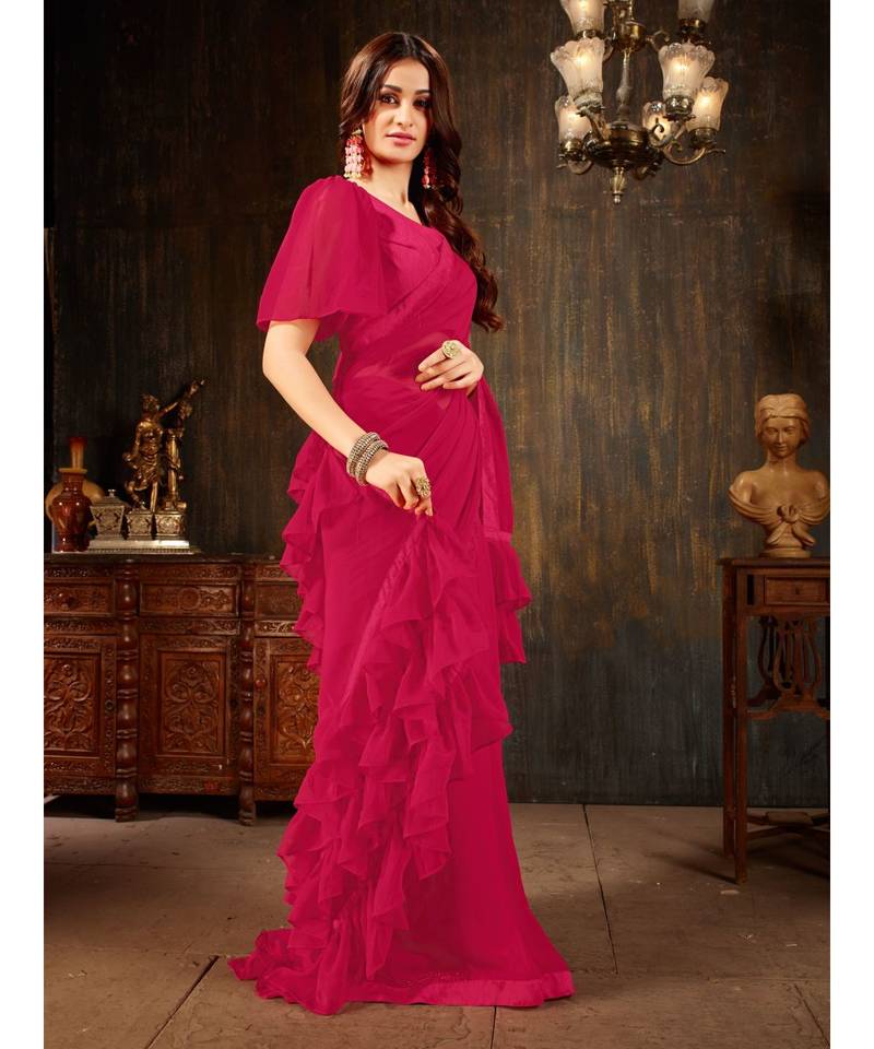 Magenta Plain Georgette saree with blouse