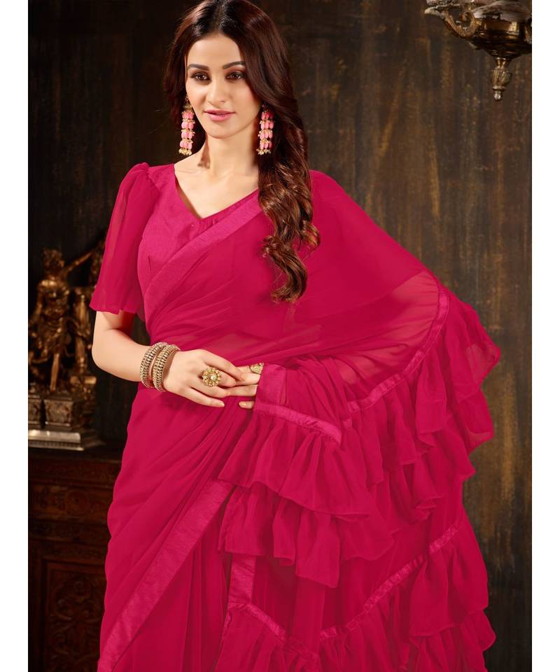 Magenta Plain Georgette saree with blouse