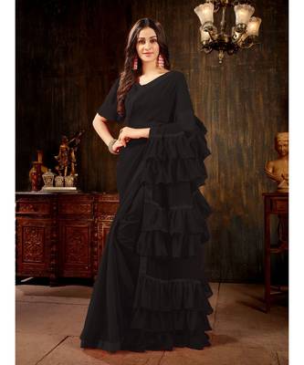 Black Plain Georgette saree with blouse 1