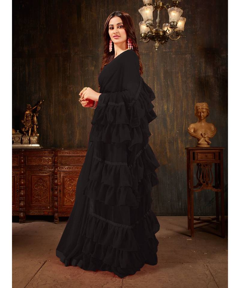 Black Plain Georgette saree with blouse