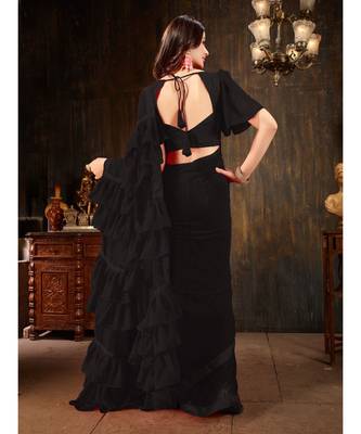 Black Plain Georgette saree with blouse 3