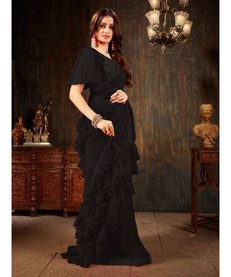 Black Plain Georgette saree with blouse 4